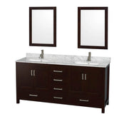 Wyndham Collection - Sheffield 72 Inch Double Bathroom Vanity in Espresso, White Carrara Marble Countertop, Undermount Square Sinks, and 24 Inch Mirrors - Espresso
