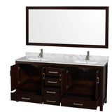 Sheffield 72 Inch Double Bathroom Vanity in Espresso, White Carrara Marble Countertop, Undermount Square Sinks, and 70 Inch Mirror