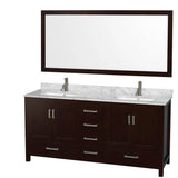 Wyndham Collection - Sheffield 72 Inch Double Bathroom Vanity in Espresso, White Carrara Marble Countertop, Undermount Square Sinks, and 70 Inch Mirror - Espresso
