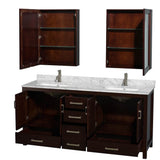 Sheffield 72 Inch Double Bathroom Vanity in Espresso, White Carrara Marble Countertop, Undermount Square Sinks, and Medicine Cabinets