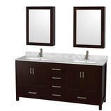 Wyndham Collection - Sheffield 72 Inch Double Bathroom Vanity in Espresso, White Carrara Marble Countertop, Undermount Square Sinks, and Medicine Cabinets - Espresso