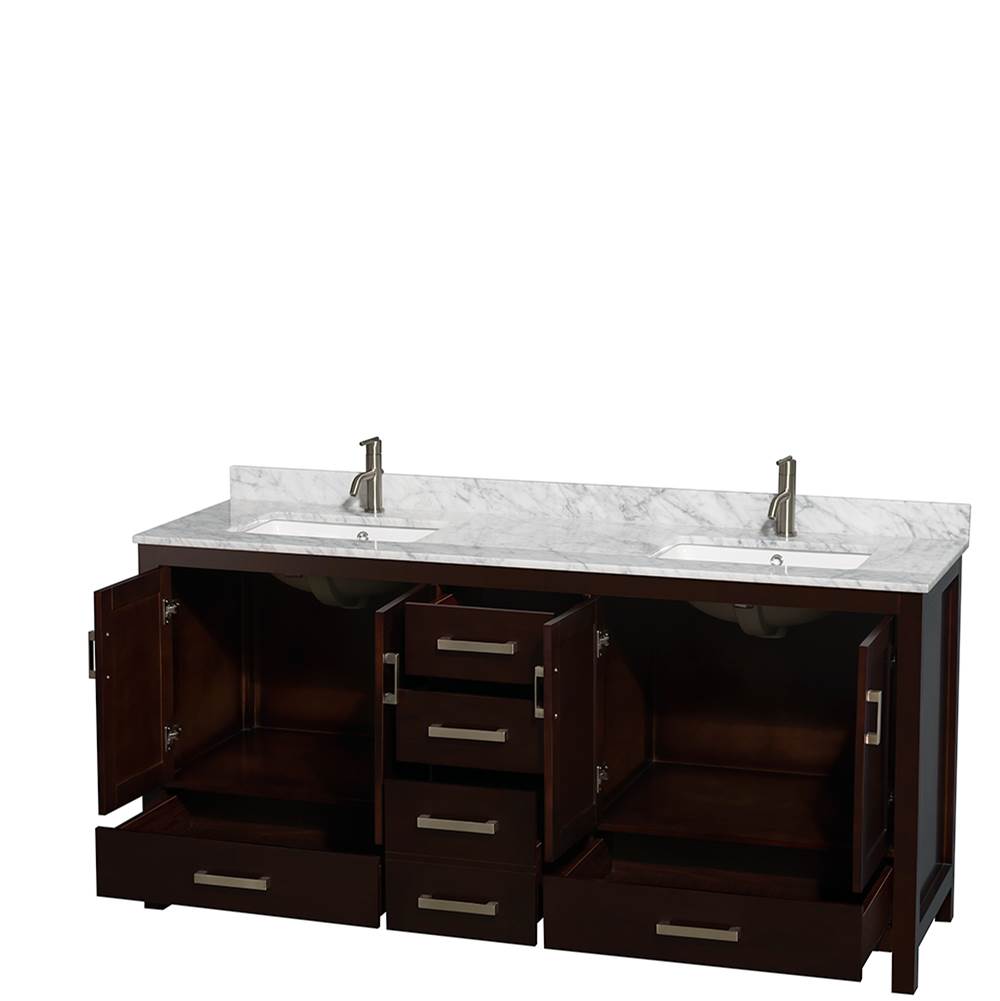 Sheffield 72 Inch Double Bathroom Vanity in Espresso, White Carrara Marble Countertop, Undermount Square Sinks, and No Mirror