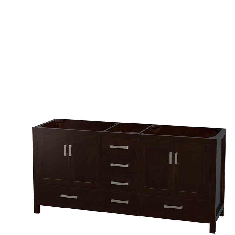 Sheffield 72 Inch Double Bathroom Vanity in Espresso, White Carrara Marble Countertop, Undermount Square Sinks, and 70 Inch Mirror