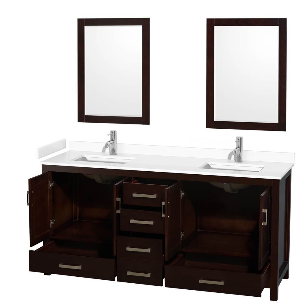 Sheffield 72 Inch Double Bathroom Vanity in Espresso, White Cultured Marble Countertop, Undermount Square Sinks, 24 Inch Mirrors