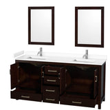 Sheffield 72 Inch Double Bathroom Vanity in Espresso, White Cultured Marble Countertop, Undermount Square Sinks, 24 Inch Mirrors