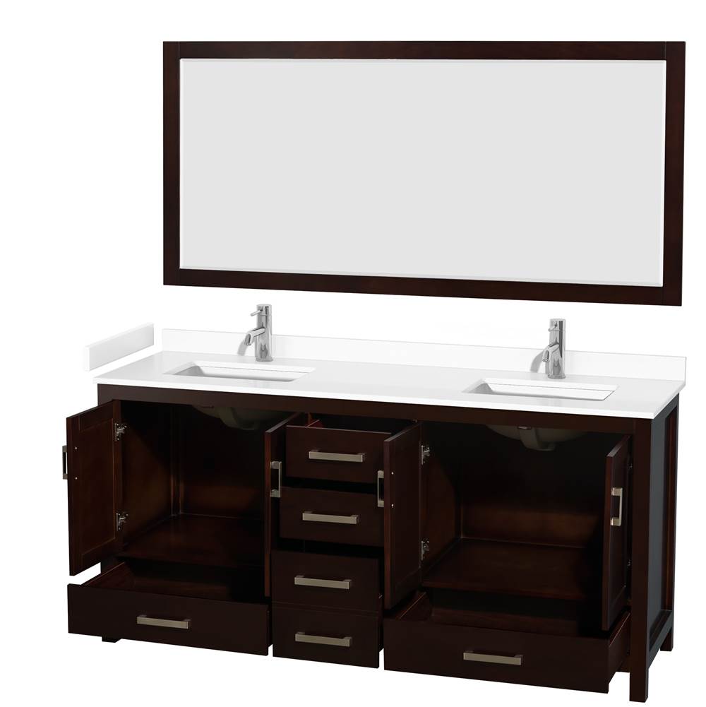 Sheffield 72 Inch Double Bathroom Vanity in Espresso, White Cultured Marble Countertop, Undermount Square Sinks, 70 Inch Mirror