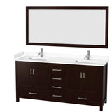 Wyndham Collection - Sheffield 72 Inch Double Bathroom Vanity in Espresso, White Cultured Marble Countertop, Undermount Square Sinks, 70 Inch Mirror