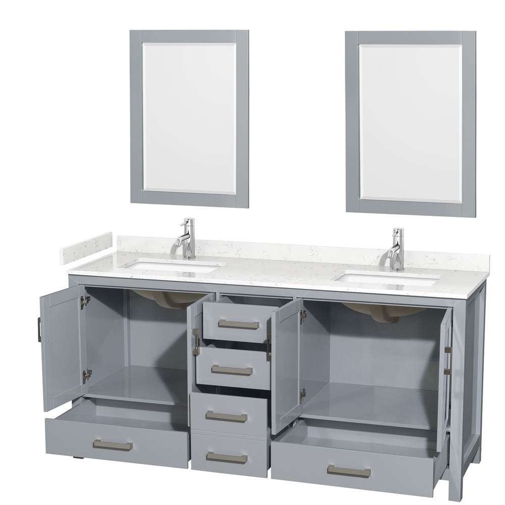 Sheffield 72 Inch Double Bathroom Vanity in Gray, Carrara Cultured Marble Countertop, Undermount Square Sinks, 24 Inch Mirrors