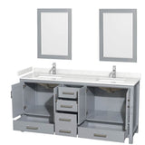 Sheffield 72 Inch Double Bathroom Vanity in Gray, Carrara Cultured Marble Countertop, Undermount Square Sinks, 24 Inch Mirrors