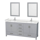 Wyndham Collection - Sheffield 72 Inch Double Bathroom Vanity in Gray, Carrara Cultured Marble Countertop, Undermount Square Sinks, 24 Inch Mirrors