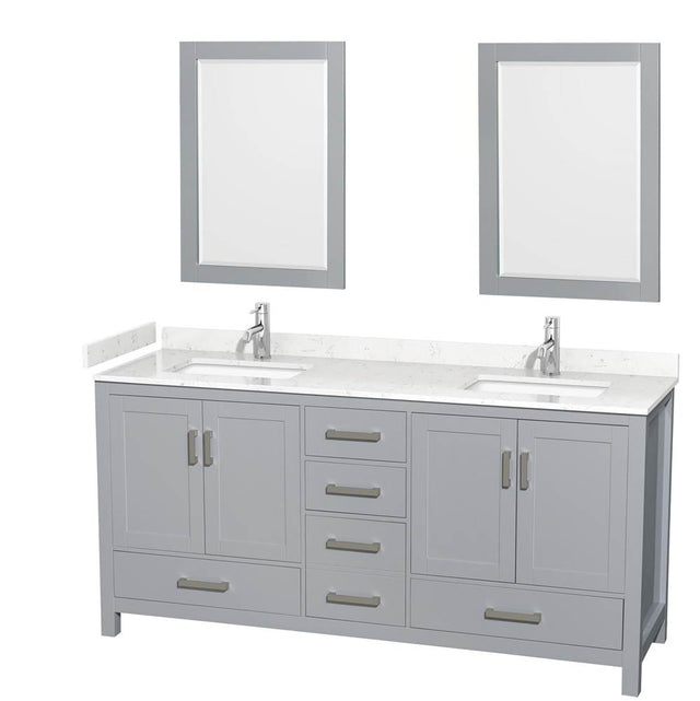 Wyndham Collection - Sheffield 72 Inch Double Bathroom Vanity in Gray, Carrara Cultured Marble Countertop, Undermount Square Sinks, 24 Inch Mirrors