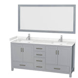 Wyndham Collection - Sheffield 72 Inch Double Bathroom Vanity in Gray, Carrara Cultured Marble Countertop, Undermount Square Sinks, 70 Inch Mirror