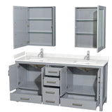 Sheffield 72 Inch Double Bathroom Vanity in Gray, Carrara Cultured Marble Countertop, Undermount Square Sinks, Medicine Cabinets