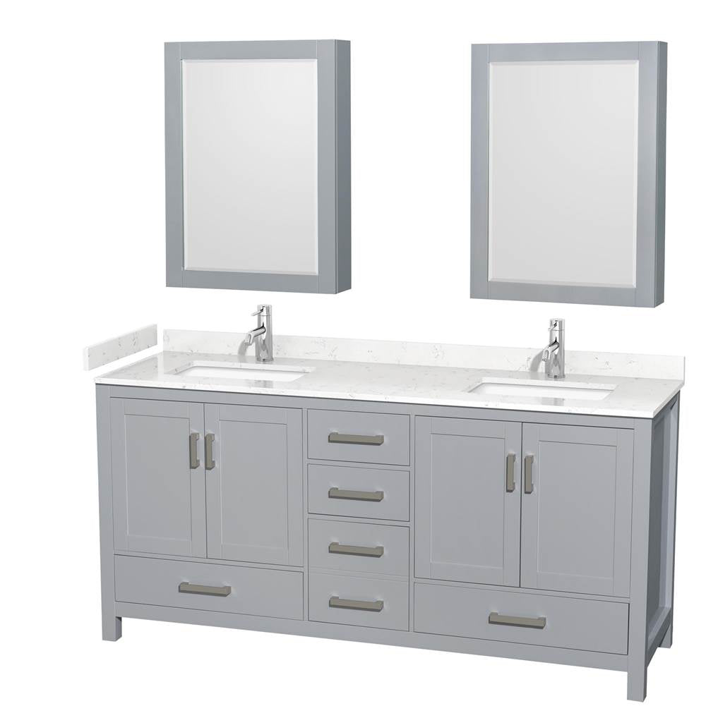 Wyndham Collection - Sheffield 72 Inch Double Bathroom Vanity in Gray, Carrara Cultured Marble Countertop, Undermount Square Sinks, Medicine Cabinets