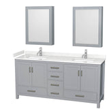 Wyndham Collection - Sheffield 72 Inch Double Bathroom Vanity in Gray, Carrara Cultured Marble Countertop, Undermount Square Sinks, Medicine Cabinets