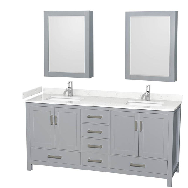 Wyndham Collection - Sheffield 72 Inch Double Bathroom Vanity in Gray, Carrara Cultured Marble Countertop, Undermount Square Sinks, Medicine Cabinets