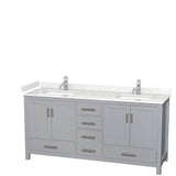 Wyndham Collection - Sheffield 72 Inch Double Bathroom Vanity in Gray, Carrara Cultured Marble Countertop, Undermount Square Sinks, No Mirror