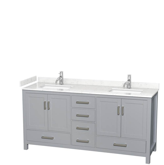 Wyndham Collection - Sheffield 72 Inch Double Bathroom Vanity in Gray, Carrara Cultured Marble Countertop, Undermount Square Sinks, No Mirror
