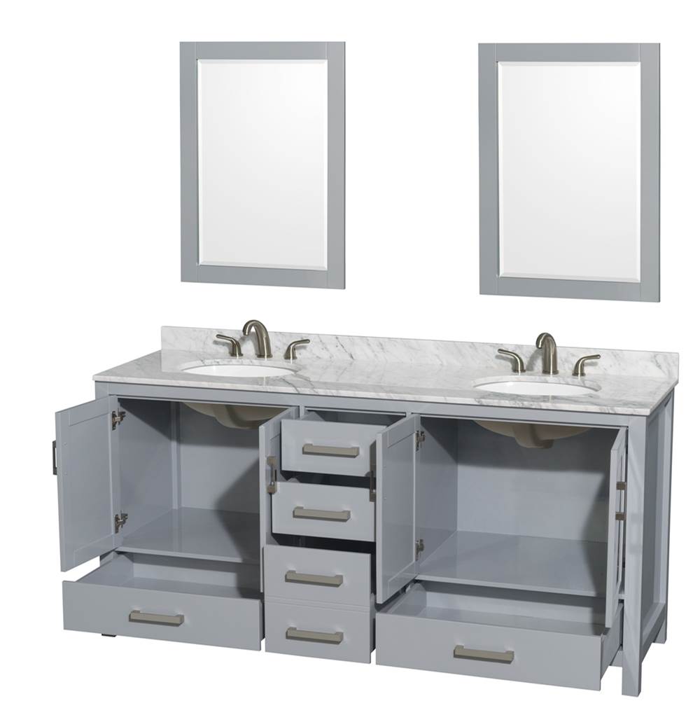 Sheffield 72 Inch Double Bathroom Vanity in Espresso, White Carrara Marble Countertop, Undermount Oval Sinks, and 24 Inch Mirrors