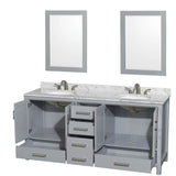 Sheffield 72 Inch Double Bathroom Vanity in Espresso, White Carrara Marble Countertop, Undermount Oval Sinks, and 24 Inch Mirrors