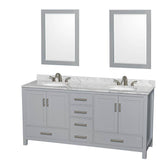 Wyndham Collection - Sheffield 72 Inch Double Bathroom Vanity in Gray, White Carrara Marble Countertop, Undermount Oval Sinks, and 24 Inch Mirrors - Gray