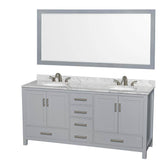 Wyndham Collection - Sheffield 72 Inch Double Bathroom Vanity in Gray, White Carrara Marble Countertop, Undermount Oval Sinks, and 70 Inch Mirror - Gray