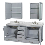 Sheffield 72 Inch Double Bathroom Vanity in Espresso, White Carrara Marble Countertop, Undermount Oval Sinks, and Medicine Cabinets