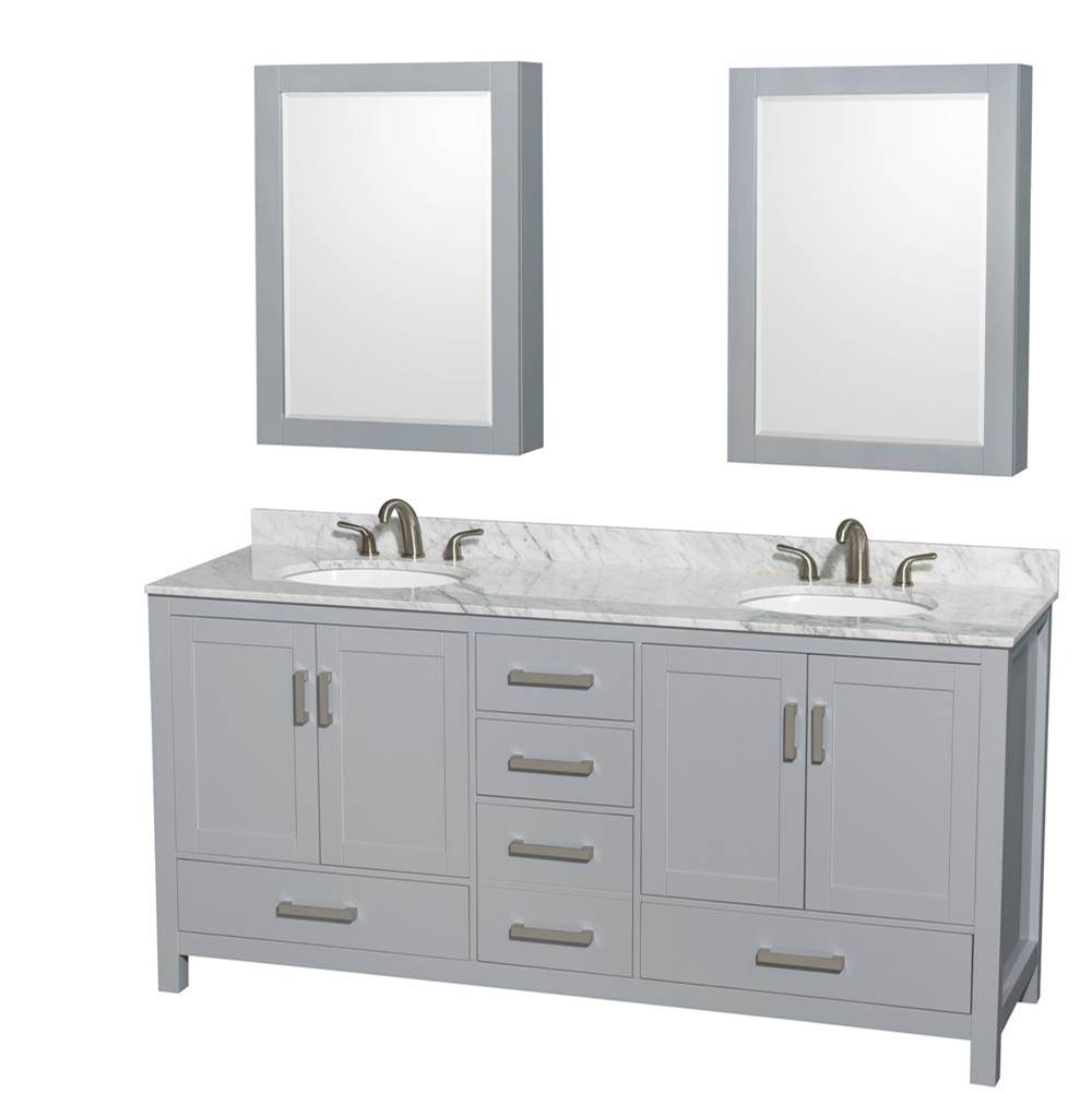 Wyndham Collection - Sheffield 72 Inch Double Bathroom Vanity in Gray, White Carrara Marble Countertop, Undermount Oval Sinks, and Medicine Cabinets - Gray