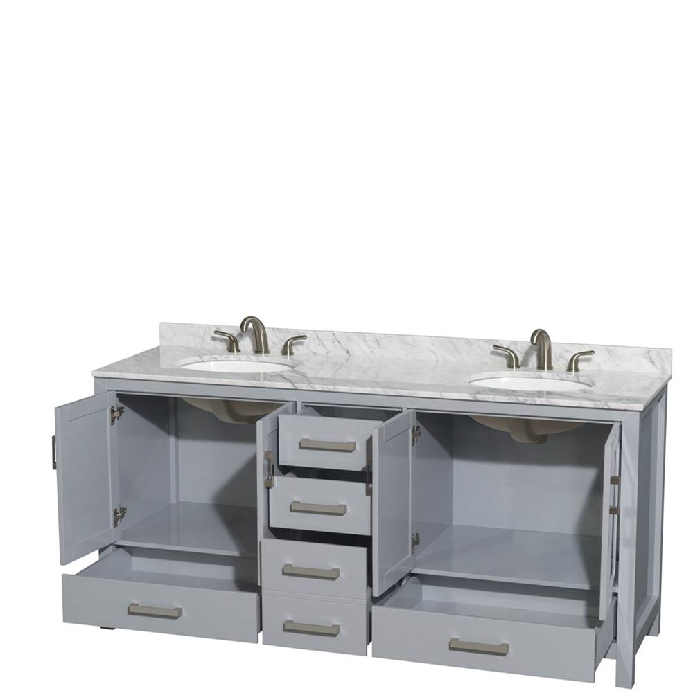 Sheffield 72 Inch Double Bathroom Vanity in Espresso, White Carrara Marble Countertop, Undermount Oval Sinks, and No Mirror