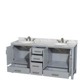 Sheffield 72 Inch Double Bathroom Vanity in Espresso, White Carrara Marble Countertop, Undermount Oval Sinks, and No Mirror