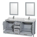 Sheffield 72 Inch Double Bathroom Vanity in Espresso, White Carrara Marble Countertop, Undermount Square Sinks, and 24 Inch Mirrors