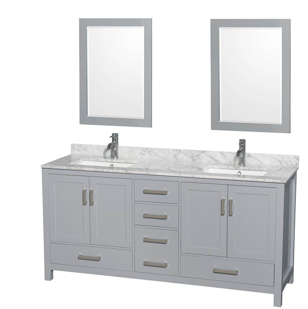 Wyndham Collection - Sheffield 72 Inch Double Bathroom Vanity in Gray, White Carrara Marble Countertop, Undermount Square Sinks, and 24 Inch Mirrors - Gray