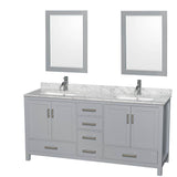 Wyndham Collection - Sheffield 72 Inch Double Bathroom Vanity in Gray, White Carrara Marble Countertop, Undermount Square Sinks, and 24 Inch Mirrors - Gray