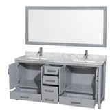 Sheffield 72 Inch Double Bathroom Vanity in Espresso, White Carrara Marble Countertop, Undermount Square Sinks, and 70 Inch Mirror