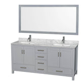 Wyndham Collection - Sheffield 72 Inch Double Bathroom Vanity in Gray, White Carrara Marble Countertop, Undermount Square Sinks, and 70 Inch Mirror - Gray