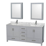 Wyndham Collection - Sheffield 72 Inch Double Bathroom Vanity in Gray, White Carrara Marble Countertop, Undermount Square Sinks, and Medicine Cabinets - Gray
