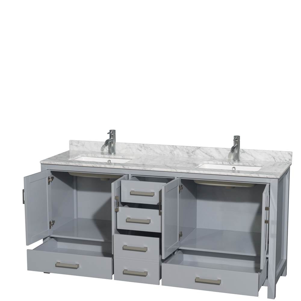 Sheffield 72 Inch Double Bathroom Vanity in Espresso, White Carrara Marble Countertop, Undermount Square Sinks, and No Mirror