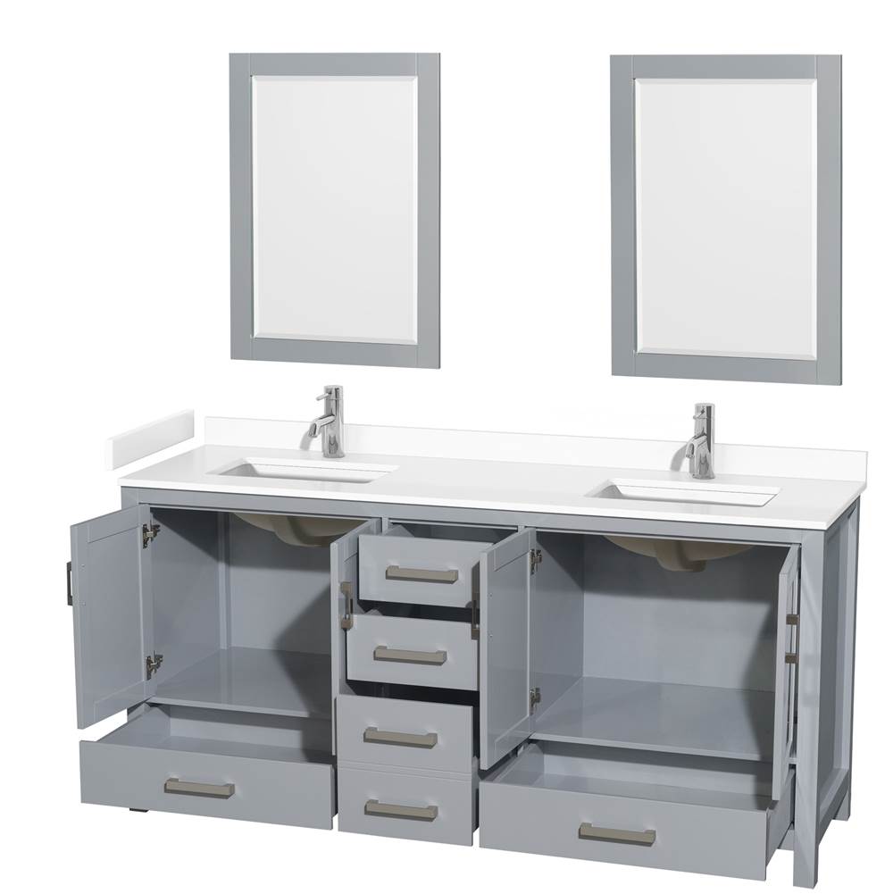 Sheffield 72 Inch Double Bathroom Vanity in Gray, White Cultured Marble Countertop, Undermount Square Sinks, 24 Inch Mirrors