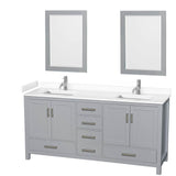 Wyndham Collection - Sheffield 72 Inch Double Bathroom Vanity in Gray, White Cultured Marble Countertop, Undermount Square Sinks, 24 Inch Mirrors