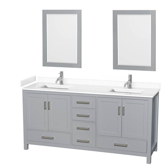 Wyndham Collection - Sheffield 72 Inch Double Bathroom Vanity in Gray, White Cultured Marble Countertop, Undermount Square Sinks, 24 Inch Mirrors