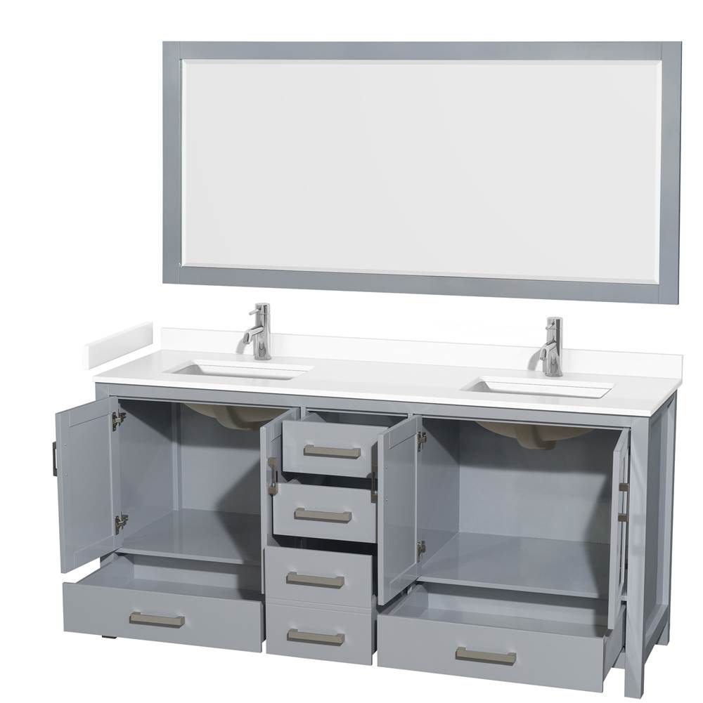 Sheffield 72 Inch Double Bathroom Vanity in Gray, White Cultured Marble Countertop, Undermount Square Sinks, 70 Inch Mirror
