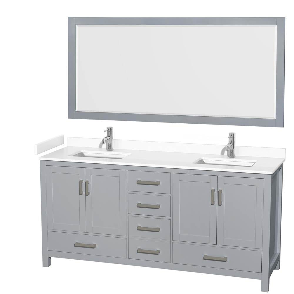 Wyndham Collection - Sheffield 72 Inch Double Bathroom Vanity in Gray, White Cultured Marble Countertop, Undermount Square Sinks, 70 Inch Mirror