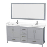 Wyndham Collection - Sheffield 72 Inch Double Bathroom Vanity in Gray, White Cultured Marble Countertop, Undermount Square Sinks, 70 Inch Mirror