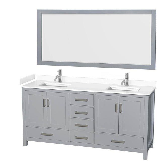 Wyndham Collection - Sheffield 72 Inch Double Bathroom Vanity in Gray, White Cultured Marble Countertop, Undermount Square Sinks, 70 Inch Mirror