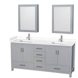 Wyndham Collection - Sheffield 72 Inch Double Bathroom Vanity in Gray, White Cultured Marble Countertop, Undermount Square Sinks, Medicine Cabinets