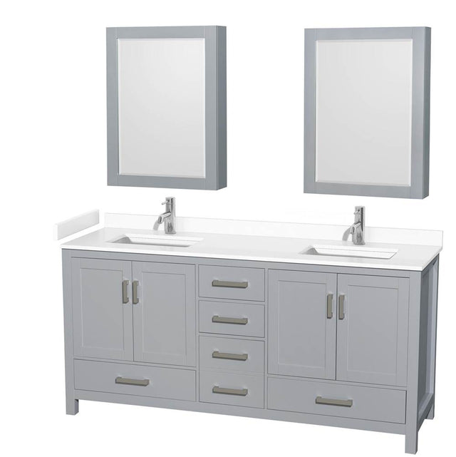 Wyndham Collection - Sheffield 72 Inch Double Bathroom Vanity in Gray, White Cultured Marble Countertop, Undermount Square Sinks, Medicine Cabinets