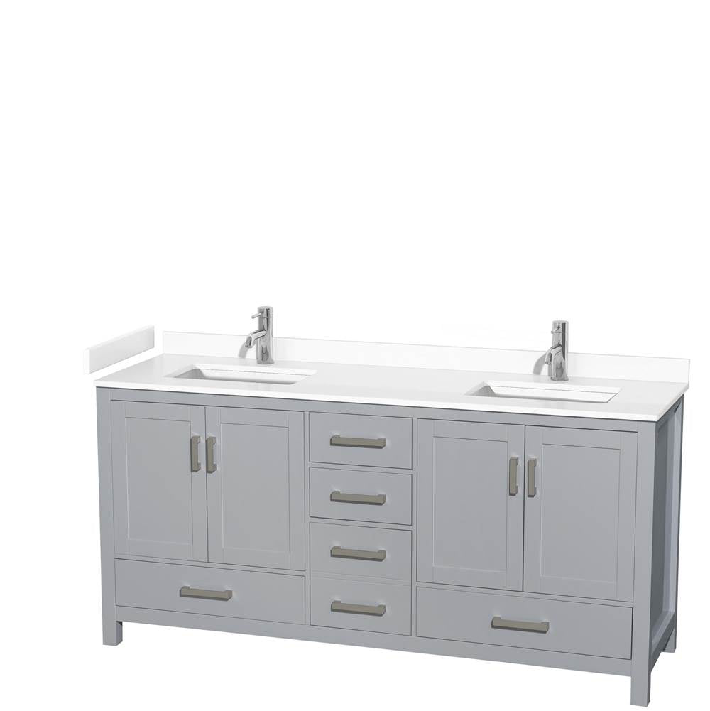 Wyndham Collection - Sheffield 72 Inch Double Bathroom Vanity in Gray, White Cultured Marble Countertop, Undermount Square Sinks, No Mirror