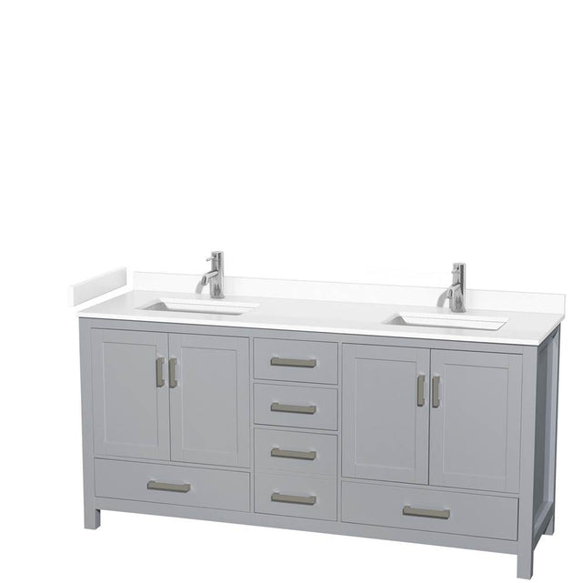 Wyndham Collection - Sheffield 72 Inch Double Bathroom Vanity in Gray, White Cultured Marble Countertop, Undermount Square Sinks, No Mirror