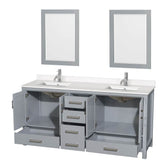 Sheffield 72 Inch Double Bathroom Vanity in Gray, White Quartz Countertop, Undermount Square Sinks, 24 Inch Mirrors