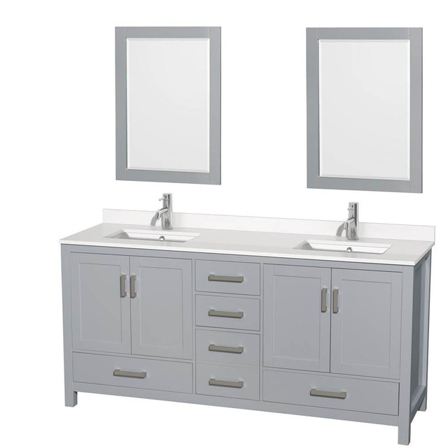 Wyndham Collection - Sheffield 72 Inch Double Bathroom Vanity in Gray, White Quartz Countertop, Undermount Square Sinks, 24 Inch Mirrors - Gray